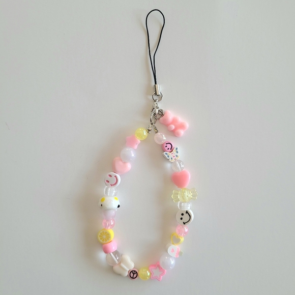 Pink And Yellow Beaded Phone Charm - Picture 1 of 7